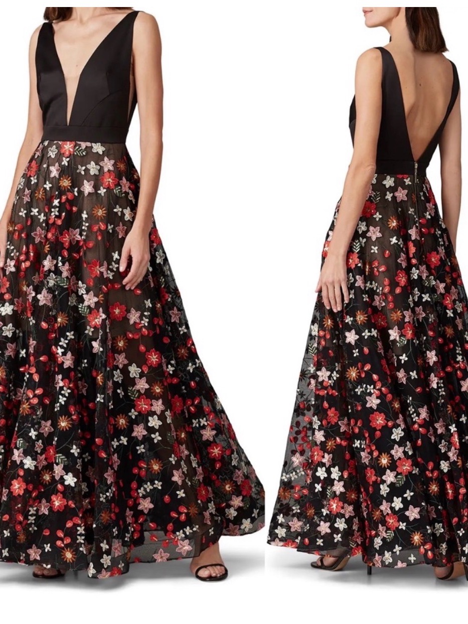 Bronx And Banco Black Maxi Dress With Red & Pink Floral Embroidery